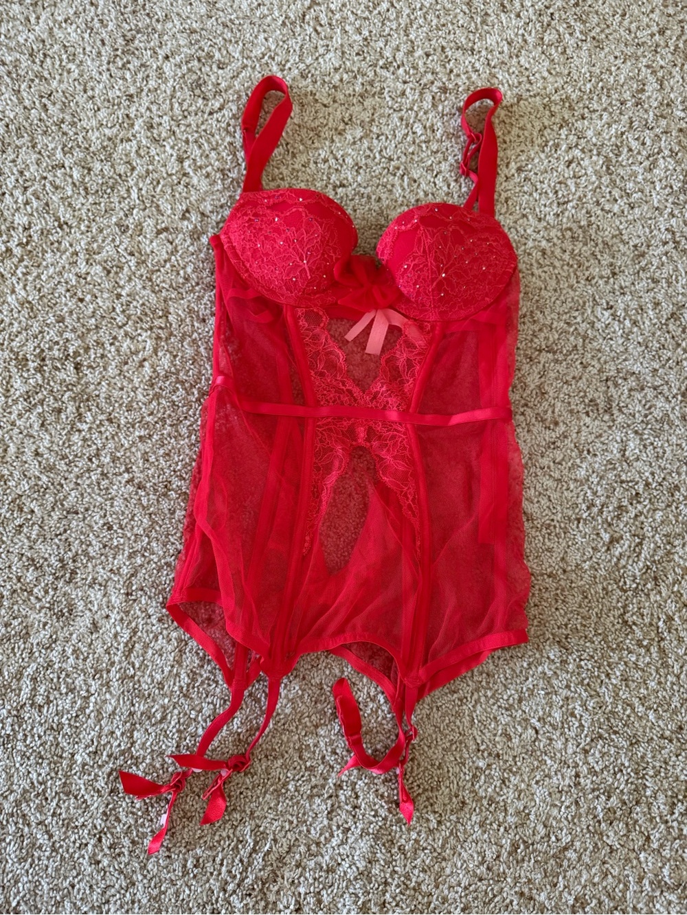 Victoria’s Secret Red Lace Bustier Babydoll Garter Lingerie 34B